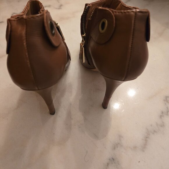 L.A.M.B. by Gwen Stefani "Joelle" Brown Leather Peep-Toe Booties - Picture 3 of 8